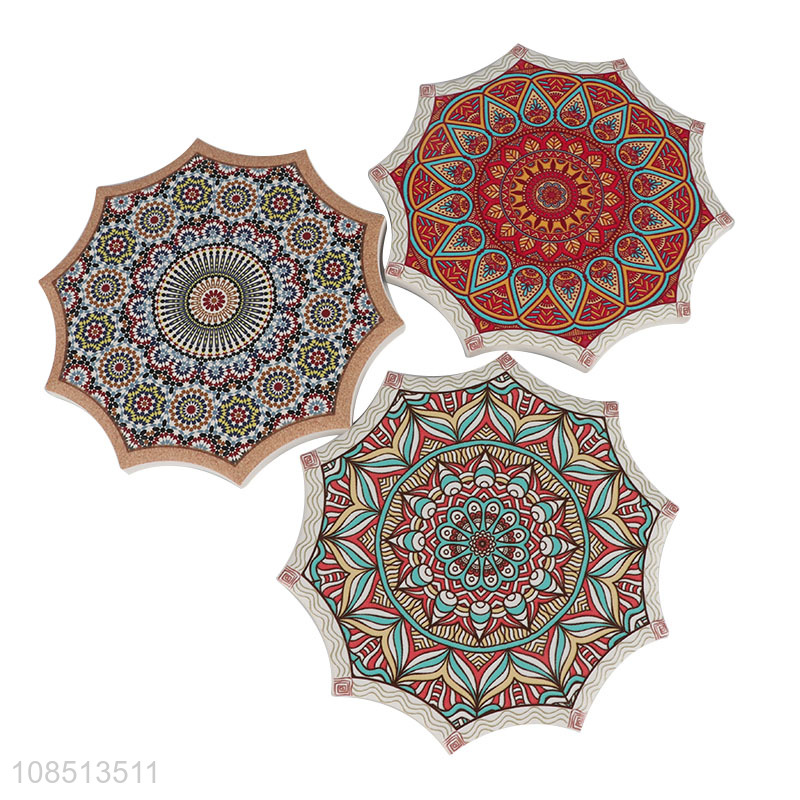 Good quality absorbent mandala ceramic coaster cork cup mat for gift