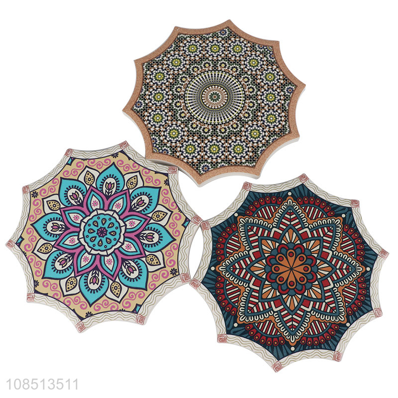 Good quality absorbent mandala ceramic coaster cork cup mat for gift