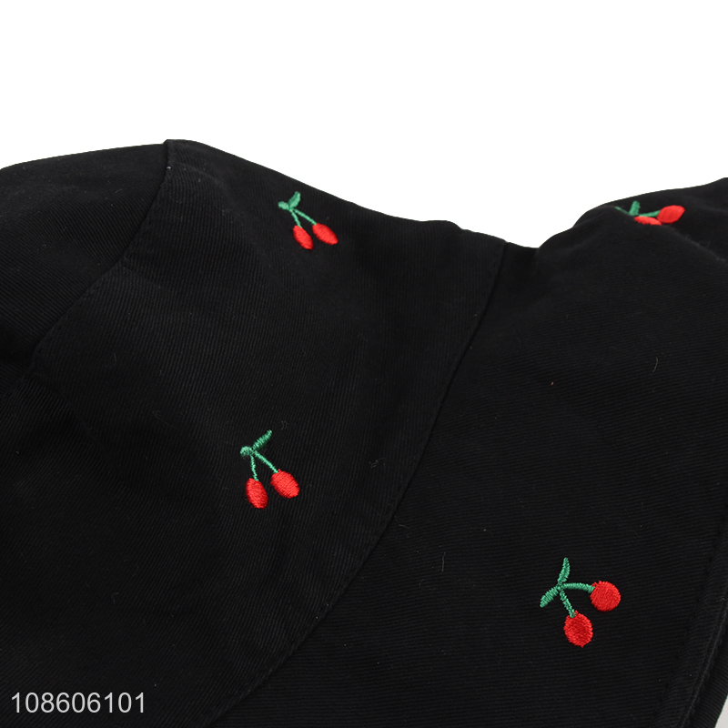 Good quality summer cherry embroidered reversible bucket hat for kids