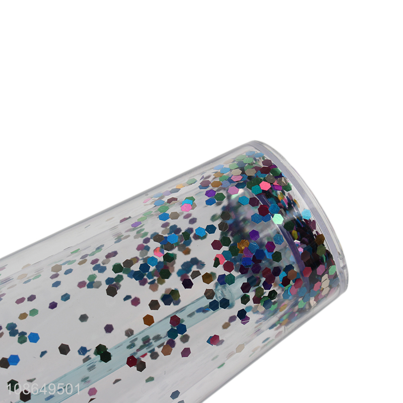 Wholesale double-wall sequined plastic cup coffee tumbler with straw