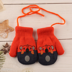 Factory price cartoon kids winter mitten hanging neck gloves