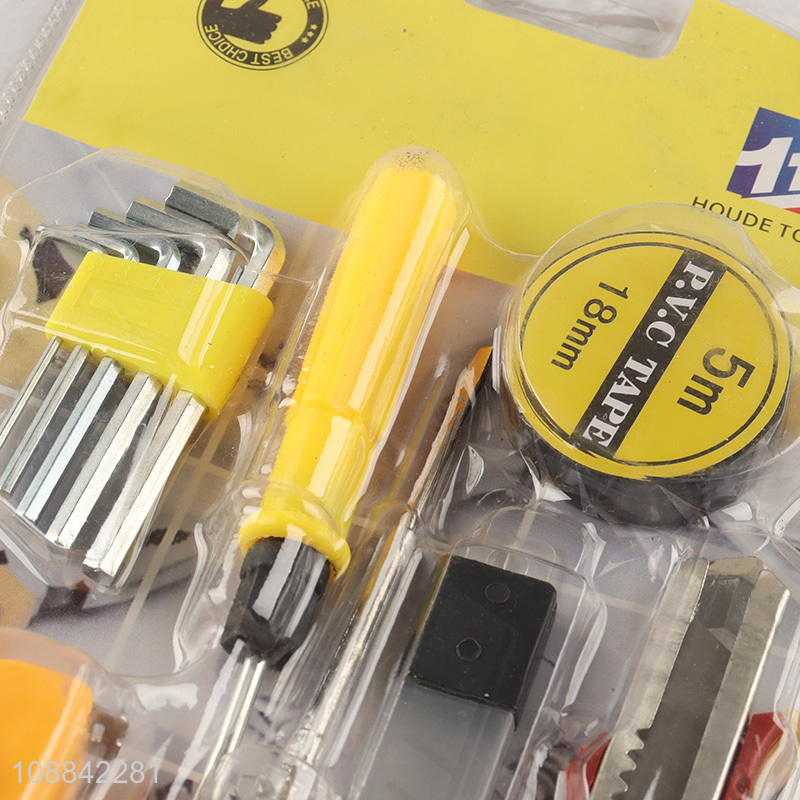 Wholesale home tool kit with hex key set, screwdrivers, pvc tape, tape measure, electrical test pen , utility knife & blades