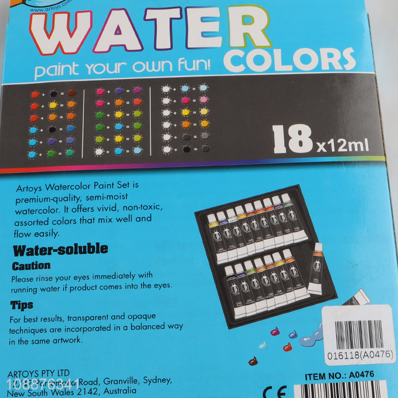 High quality 18 colors 12ml non-toxic water soluble watercolor paints set