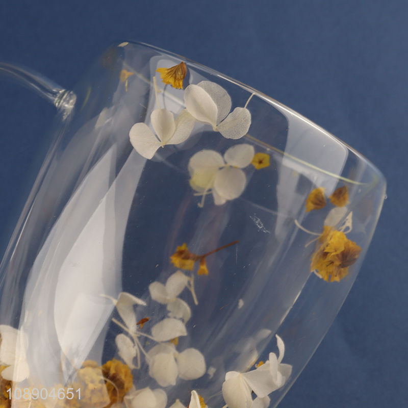 Hot selling artistic flower double wall glass coffee mug with handle