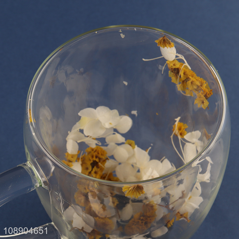 Hot selling artistic flower double wall glass coffee mug with handle
