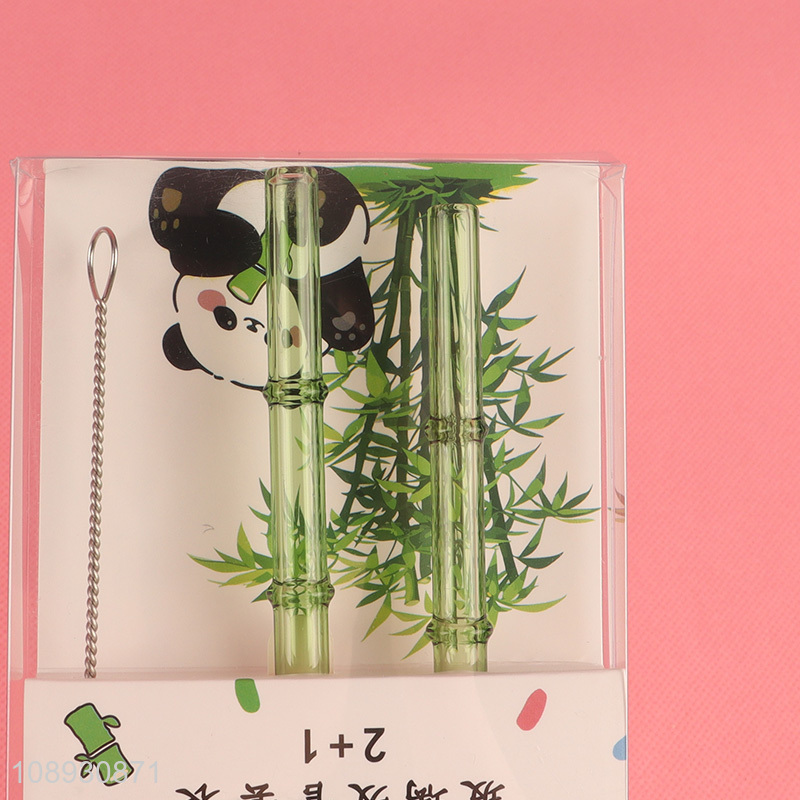 New Arrival 2PCS Bamboo Shaped Glass Straws with Panda Straw Cover