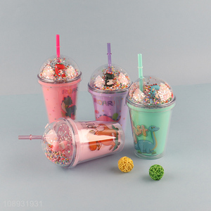 Factory price cartoon dinosaur water cup with straw and lid