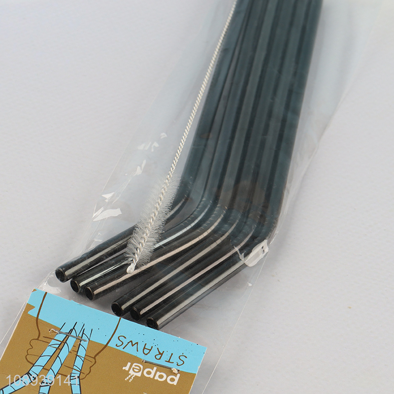 Best selling 6pcs black stainless steel reusable drinking straw