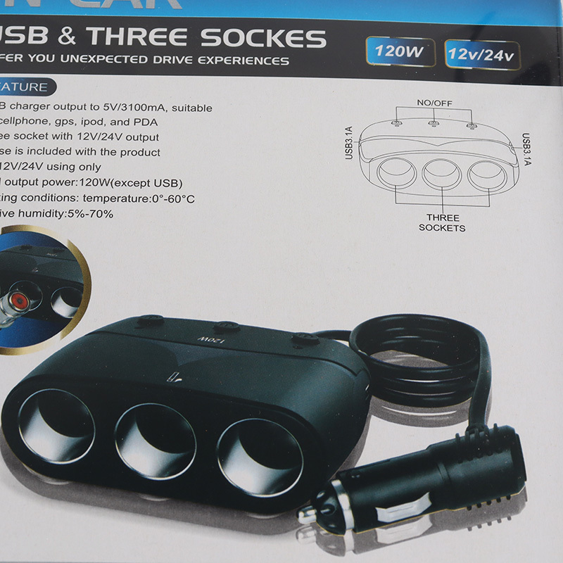 Good Quality 120W 3 Socket Cigarette Lighter Plug Splitter Car Charger Adapter