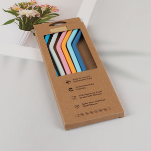 Wholesale Food Grade Silicone Drinking Straws Set with Straw Cleaner Brush