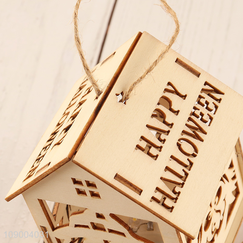 Online Wholesale Light Up Halloween Wooden House Pendants Wooden Hanging Ornaments
