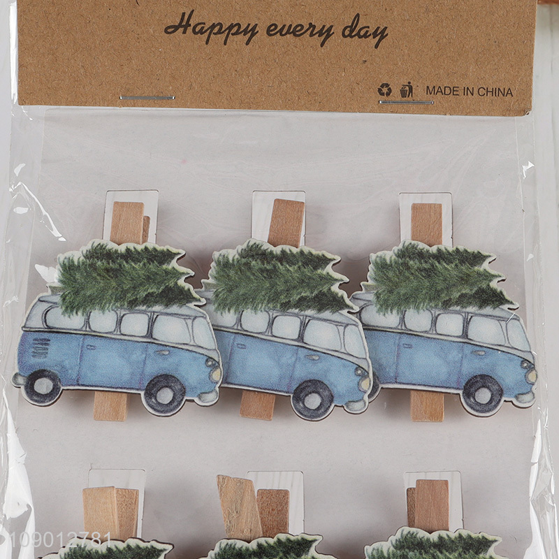 Popular products 6pcs bus shape wooden clips wood paper clips set