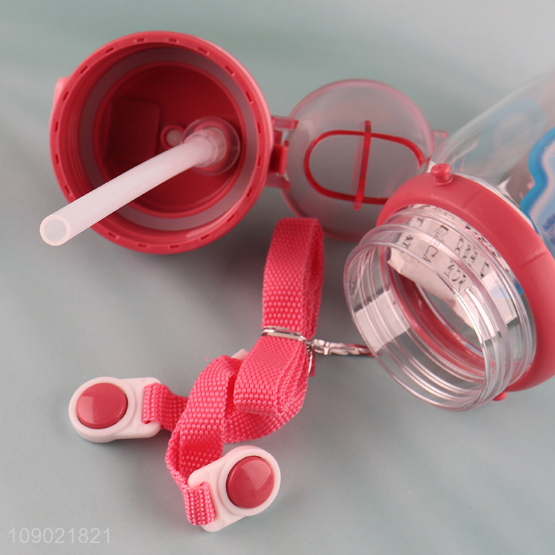 High Quality 550ml Reusable Plastic Kids Water Bottle with Straw & Strap