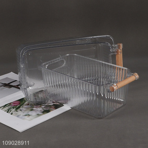Good Quality Plastic Refrigerator Organizer Bins with Wooden Handle for Kitchen
