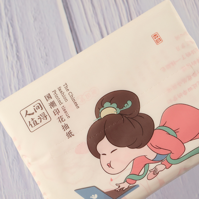 Top quality portable cartoon printed 3ply wood pulp tissue facial tissue