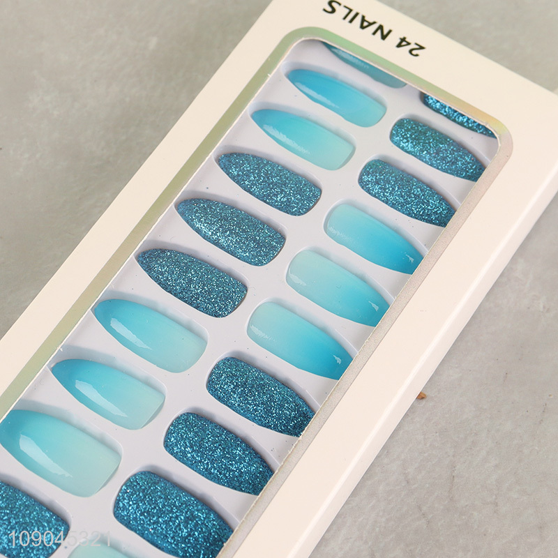 Hot selling blue 24pcs girls nail art decoration fake nail set