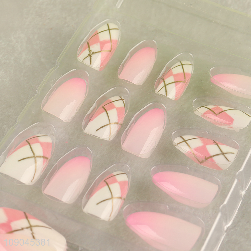 Hot items pink 24pcs women sticky on nails fake nail set nail decoration