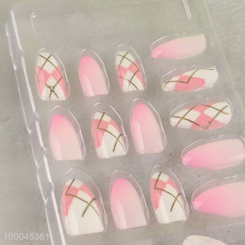 Hot items pink 24pcs women sticky on nails fake nail set nail decoration