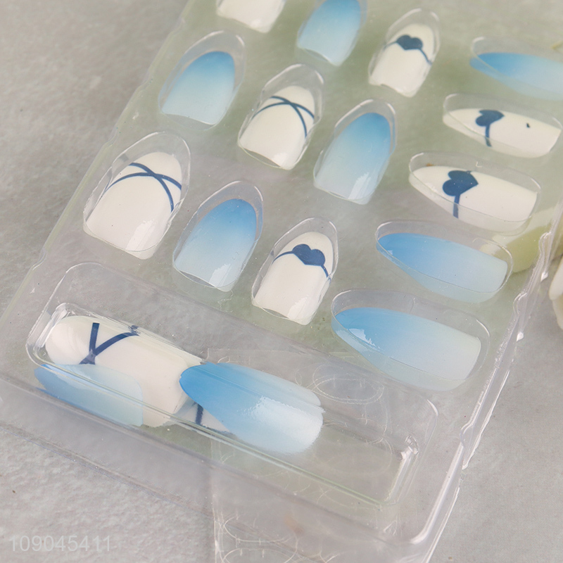 Top quality blue women 24pcs sticky on nails fake nail set for nail art decoration