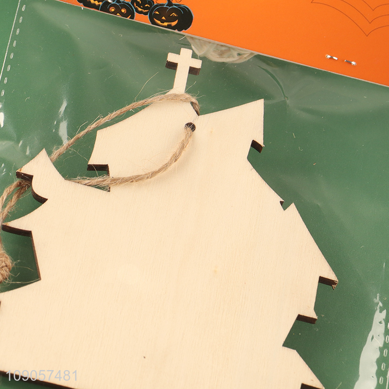 Promotional Halloween Wooden Hanging Ornaments Halloween Wood House with Rope
