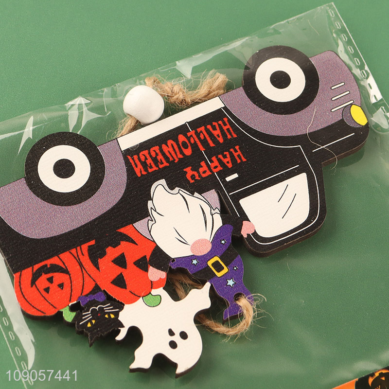 High Quality Halloween Wooden Hanging Decorations Wooden Pumpkin Car with Rope