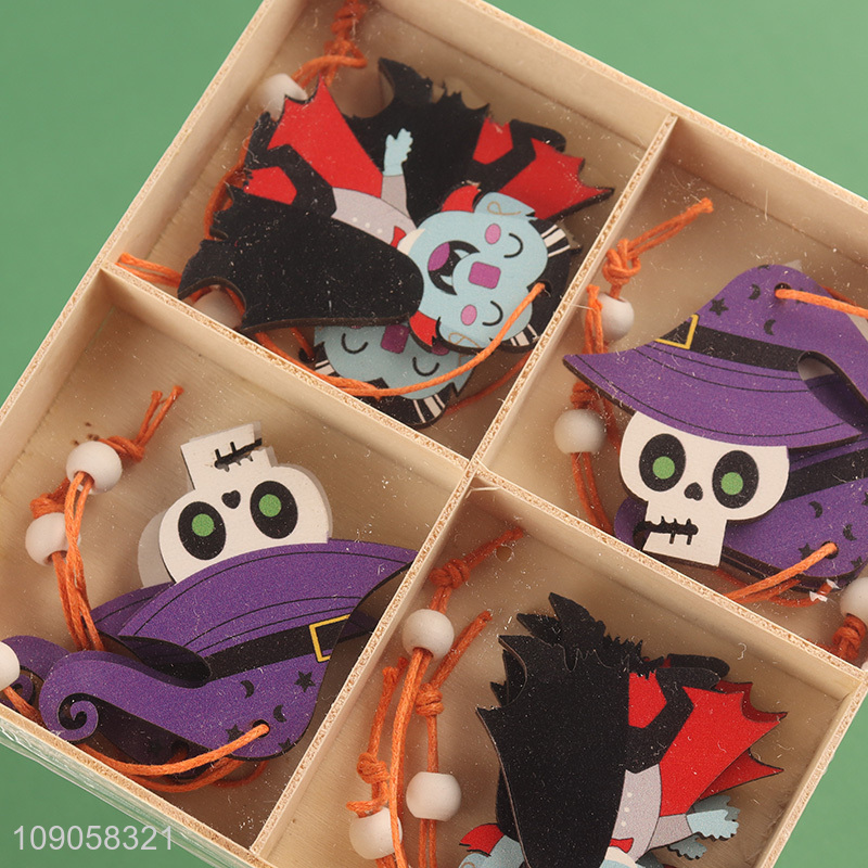 High Quality 12PCS Halloween Wooden Hanging Decorations Small Wooden Ornaments with Rope