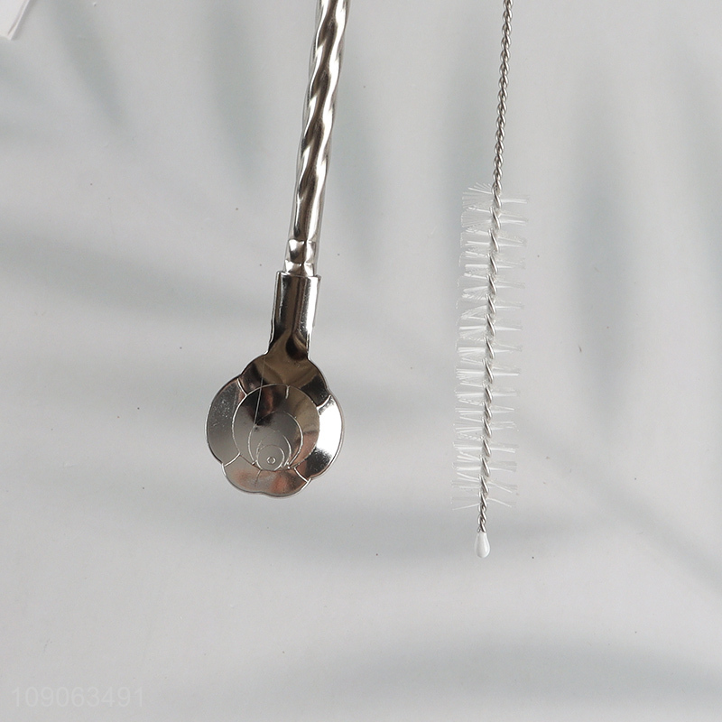 Hot Sale 6 Pack Metal Stainless Steel Spoon Straws with 1 Cleaning Brush