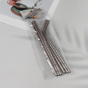 Hot Sale 6 Pack Stainless Steel Straws 3 Straight + 3 Bent with 1 Straw Brush