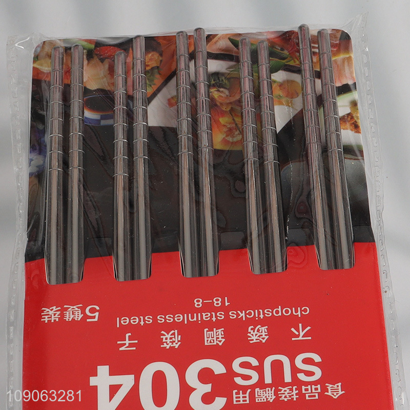 Custom Logo 5 Pairs Lightweight Non-Slip 304 Stainless Steel Metal Chopsticks