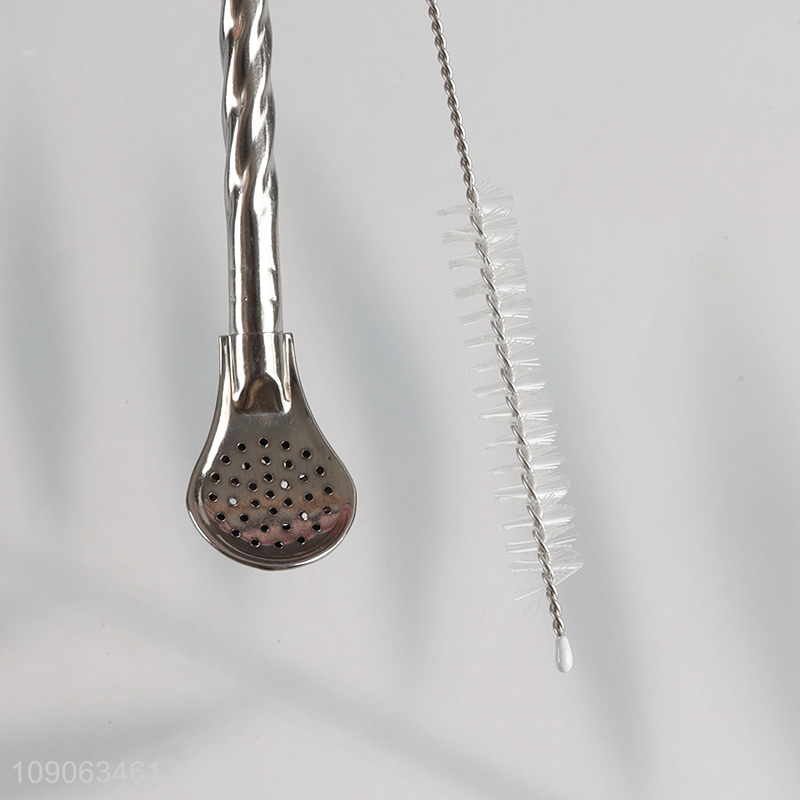 Factory Price 6 Pack Reusable Stainless Steel Spoon Straws with 1 Straw Brush