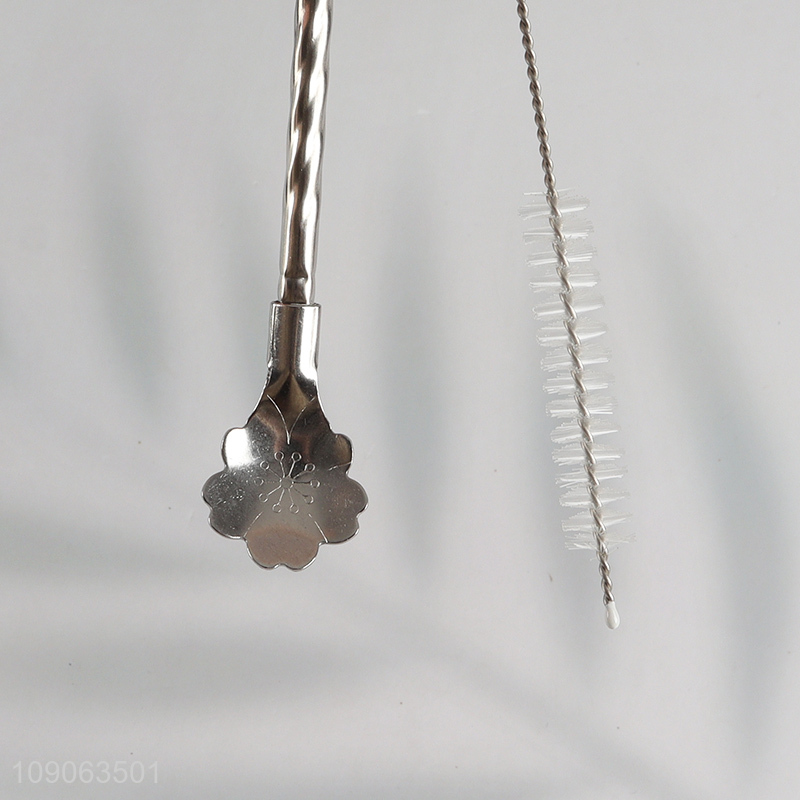 Good Quality 6 Pack Stainless Steel Spoon Straws with 1 Straw Cleaner Brush