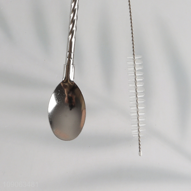 High Quality 6 Pack Stainless Steel Metal Spoon Straws with 1 Straw Brush