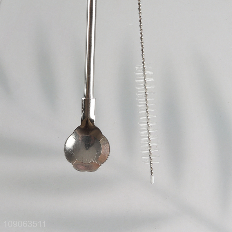 New Arrival 6 Pack Reusable Stainless Steel Spoon Straws with 1 Straw Brush