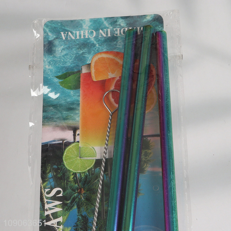 Factory Supply 3 Pack Stainless Steel Straws 2 Straight + 1 Bent with 1 Straw Brush