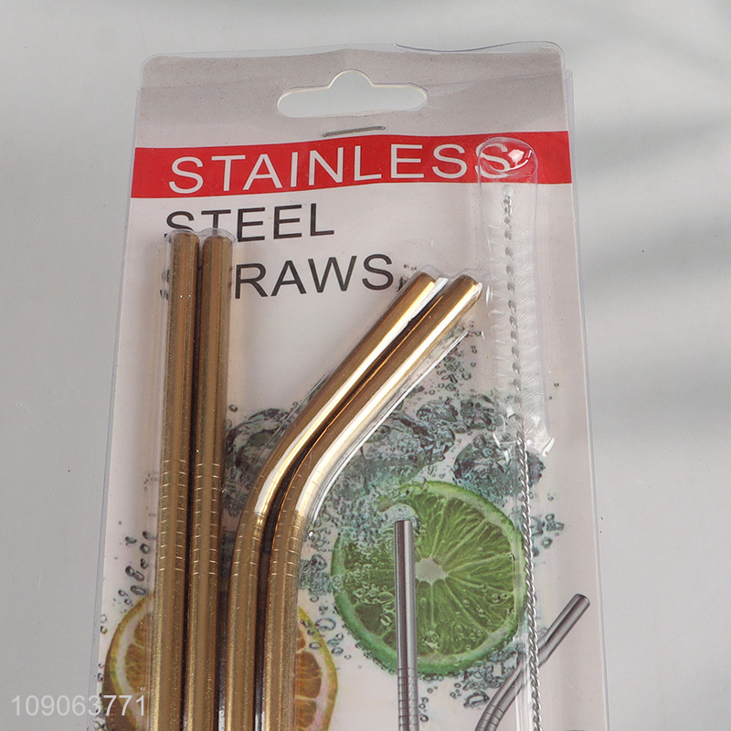 Online Wholesale 4 Pack Stainless Steel Straws 2 Straight + 2 Bent with 1 Straw Brush