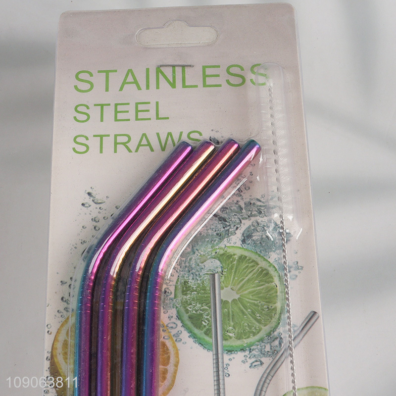 New Arrival 4 Pack Stainless Steel Straws Bent Straws with 1 Straw Brush