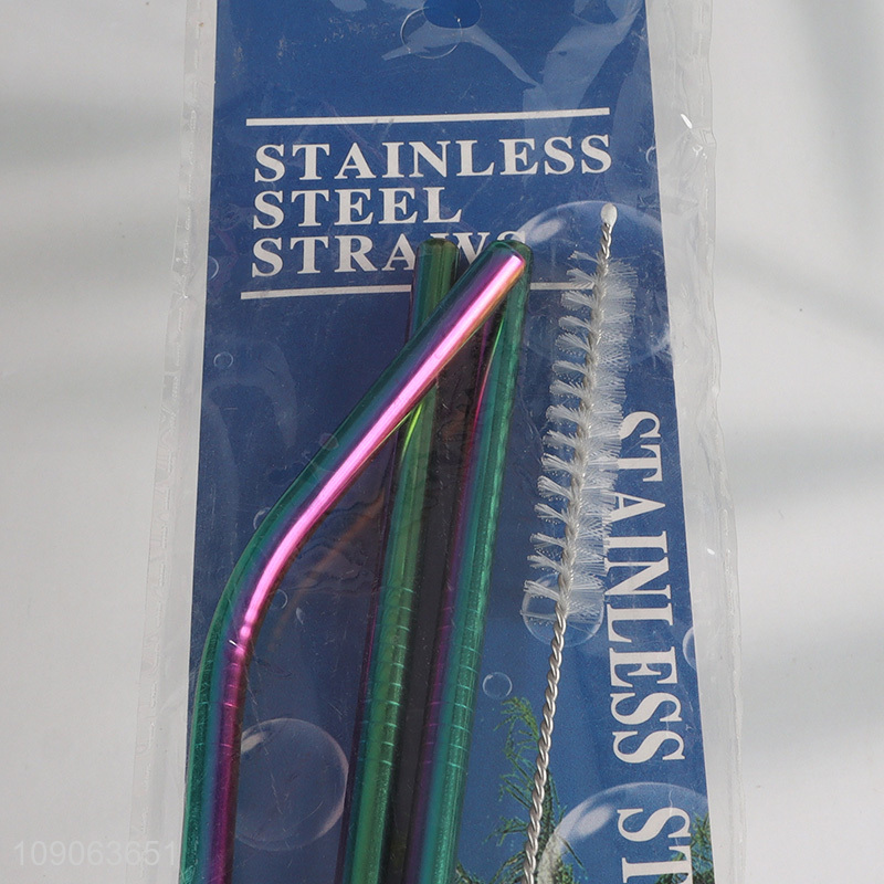 Factory Supply 3 Pack Stainless Steel Straws 2 Straight + 1 Bent with 1 Straw Brush