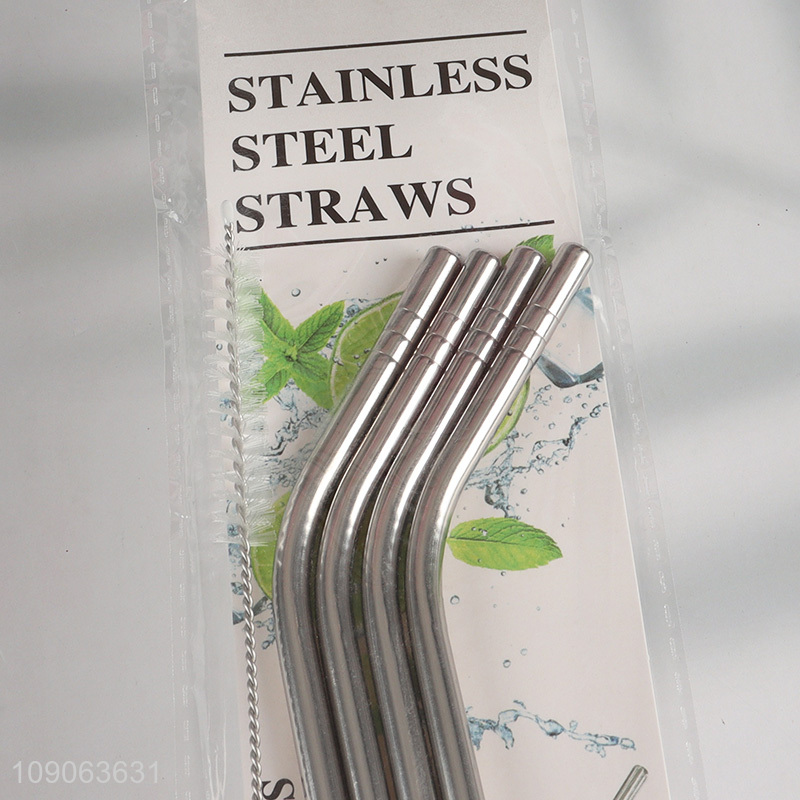 Promotional 4 Pack Stainless Steel Drinking Straws Bent Straws with 1 Straw Brush