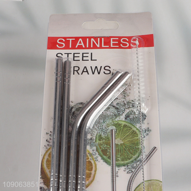 Factory Supply 4 Pack Stainless Steel Straws 2 Straight + 2 Bent with 1 Straw Brush