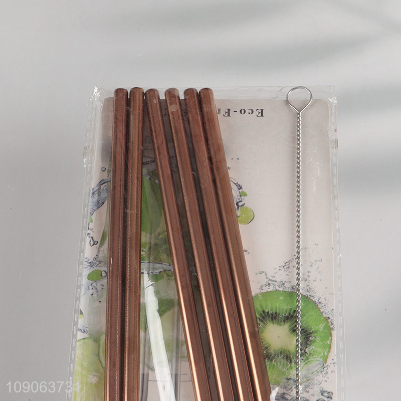 Promotional 6 Pack Stainless Steel Straws 4 Straight + 2 Bent with 1 Straw Brush