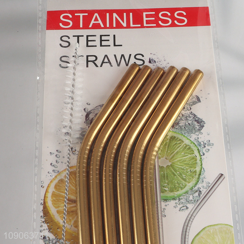 New Arrival 6 Pack Stainless Steel Straws Bent Straws with 1 Straw Brush