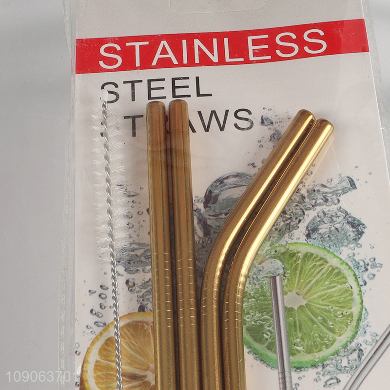 Good Quality 4 Pack Stainless Steel Straws 2 Straight + 2 Bent with 1 Straw Brush