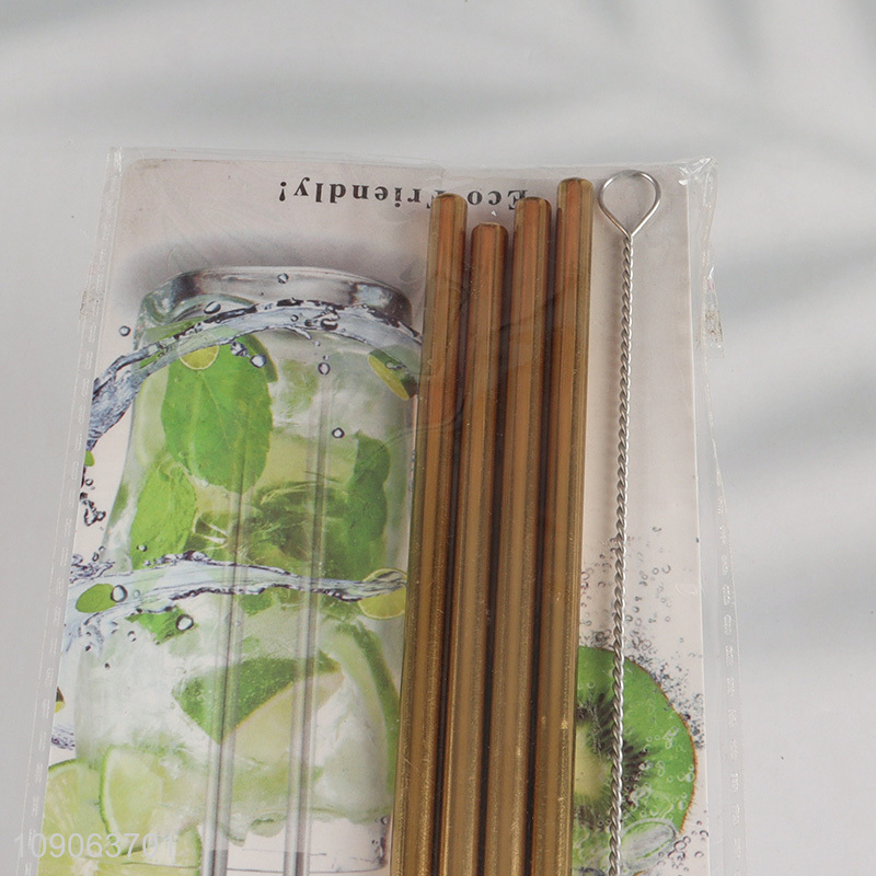 Good Quality 4 Pack Stainless Steel Straws 2 Straight + 2 Bent with 1 Straw Brush