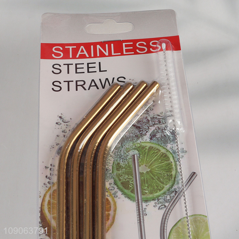 Hot Sale 4 Pack Stainless Steel Drinking Straws Bent Straws with 1 Straw Brush