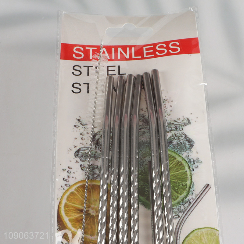 Factory Wholesale 6 Pack Stainless Steel Spoon Straws with 1 Straw Cleaning Brush