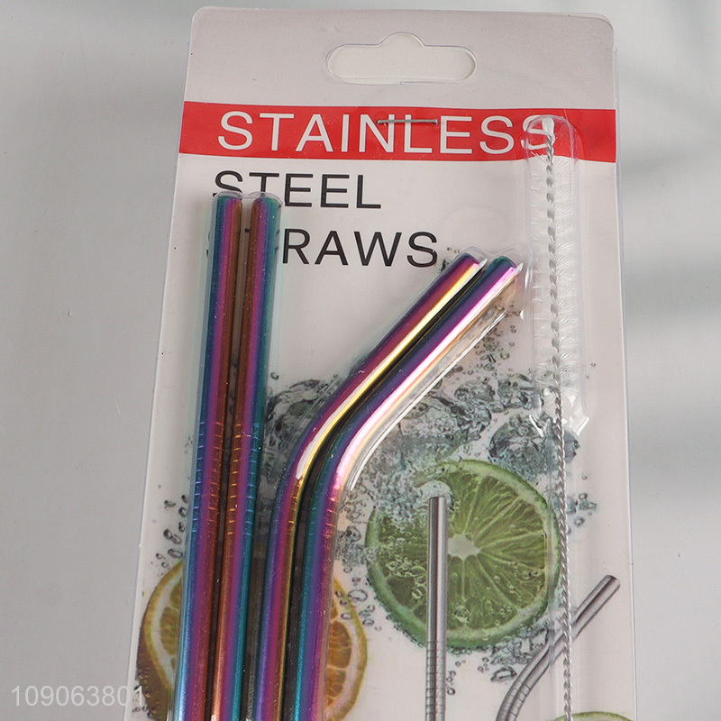 Popular Product 4 Pack Stainless Steel Straws 2 Straight + 2 Bent with 1 Straw Brush