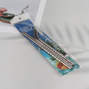 Wholesale 4 Pack Stainless Steel Straws 2 Straight + 2 Bent with 1 Straw Brush