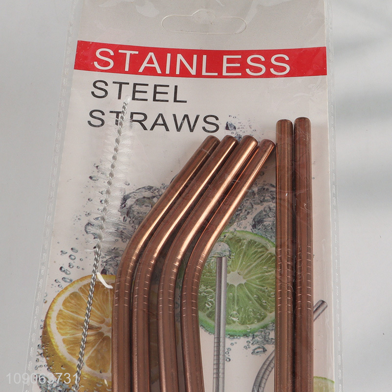 Promotional 6 Pack Stainless Steel Straws 4 Straight + 2 Bent with 1 Straw Brush