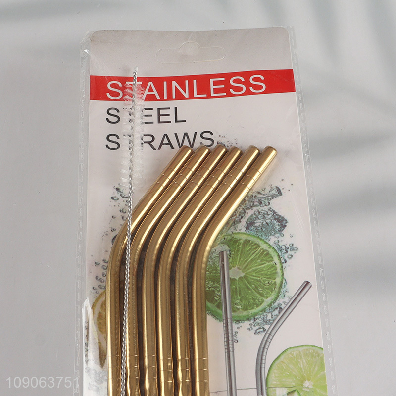 Factory Supply 6 Pack Stainless Steel Straws Bent Straws with 1 Straw Brush