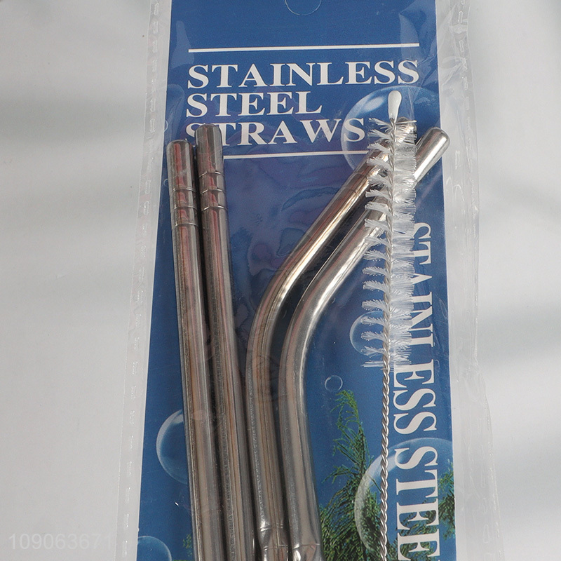 Wholesale 4 Pack Stainless Steel Straws 2 Straight + 2 Bent with 1 Straw Brush